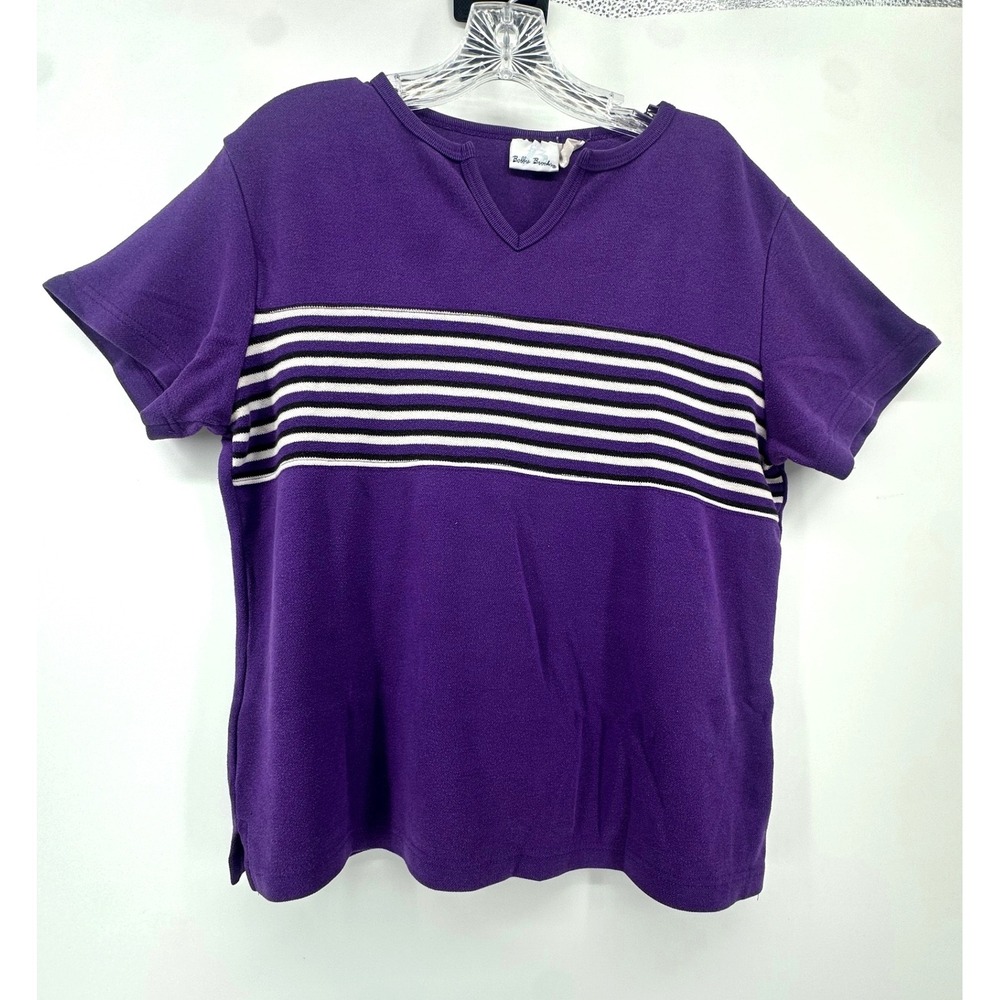 Bobbie Brooks Purple Striped Short Sleeve V-Neck Top Large Womens Casual Tee